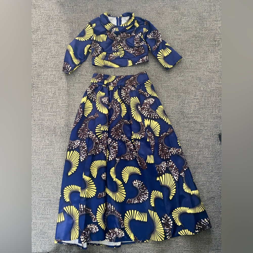 Blue and Yellow Wax Print Pattern Skirt and Top Set